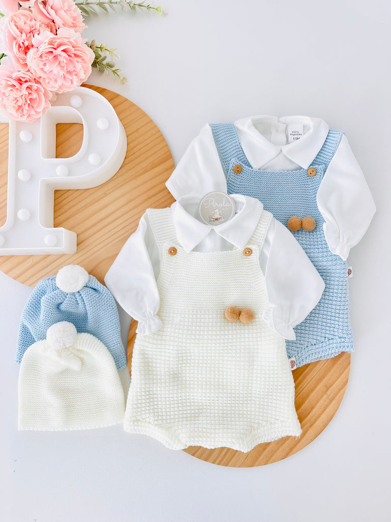 Conjunto menino: fofo com pompom, camisa e touca