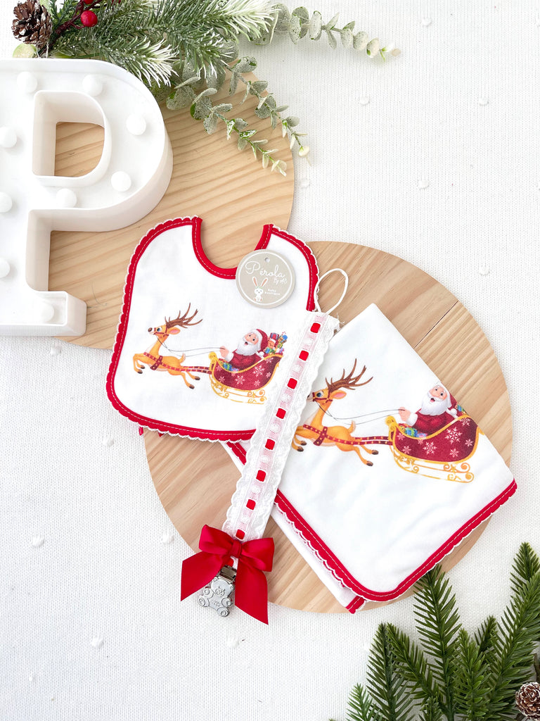 Conjunto Natal : Babete, fralda e prende chupetas