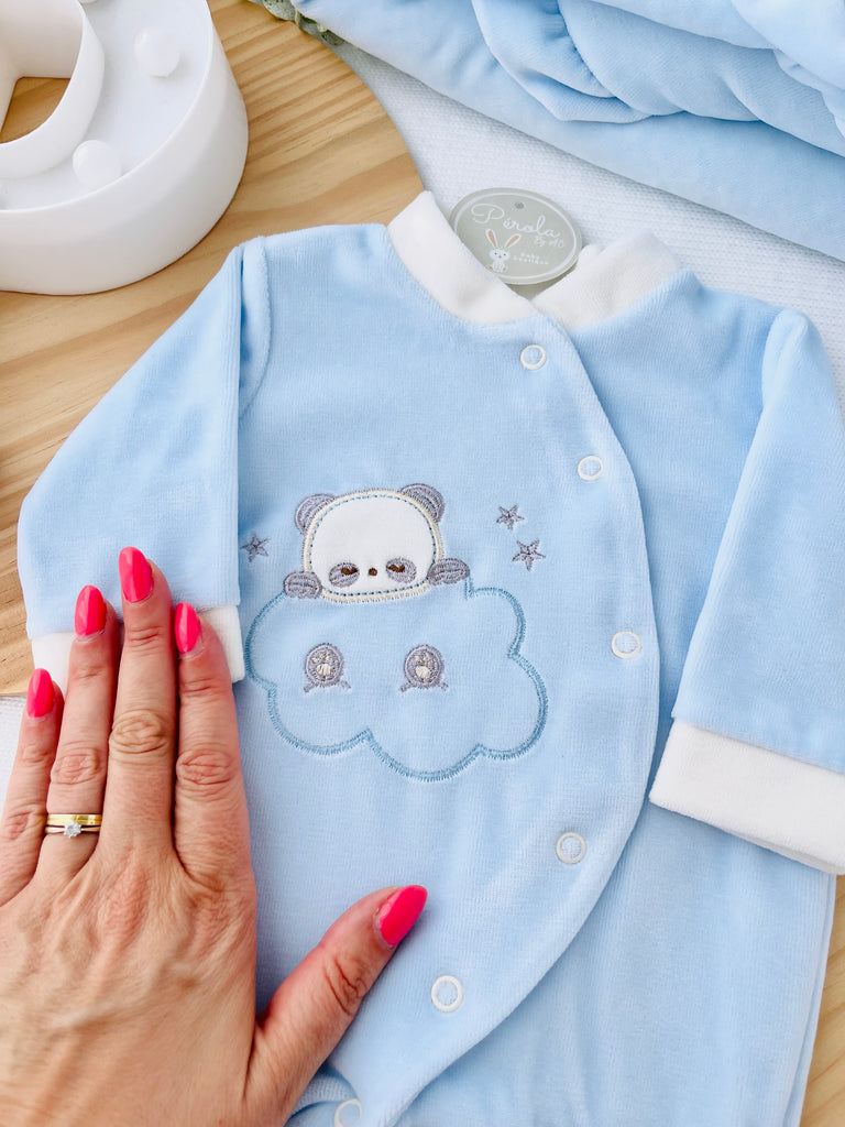 Conjunto panda: Babygrow e Manta em veludo