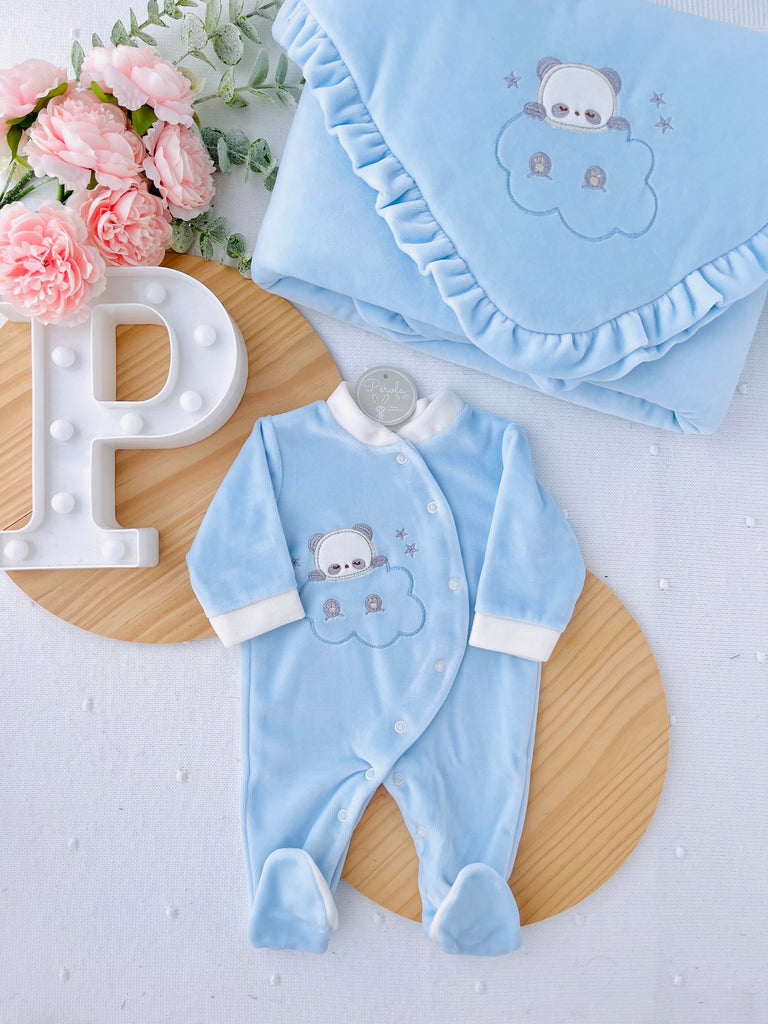 Conjunto panda: Babygrow e Manta em veludo