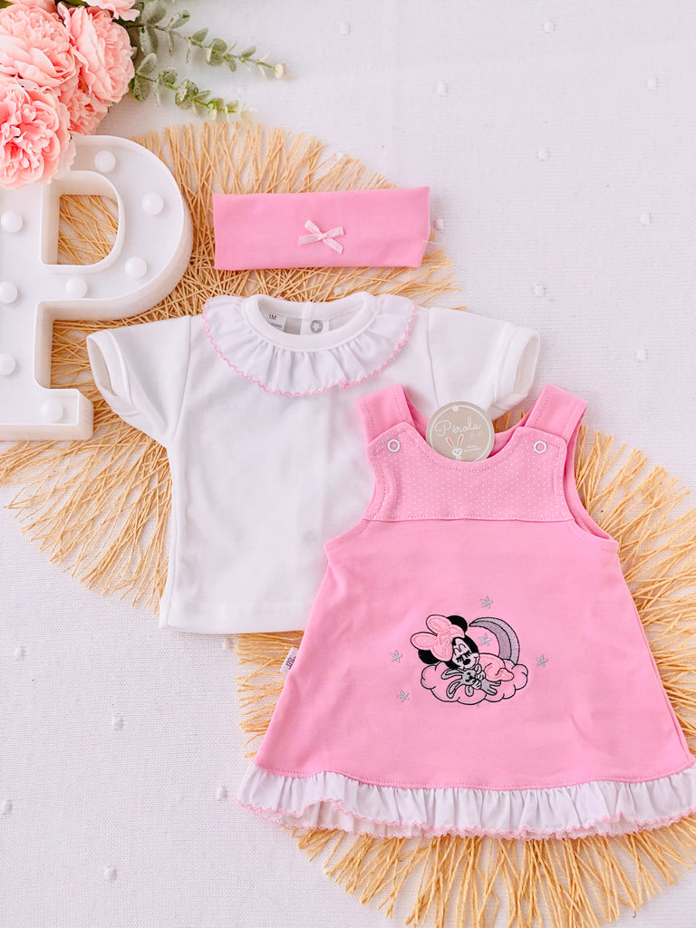 Conjunto Minnie: vestido, camisola e fita Minnie em algodão