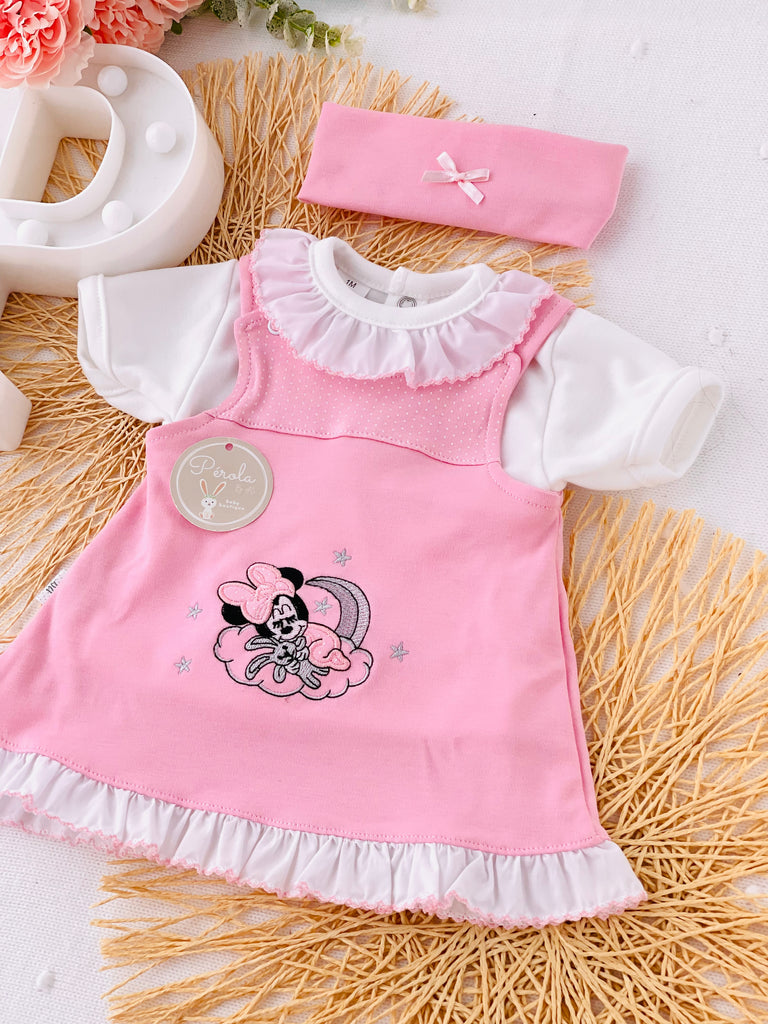 Conjunto Minnie: vestido, camisola e fita Minnie em algodão